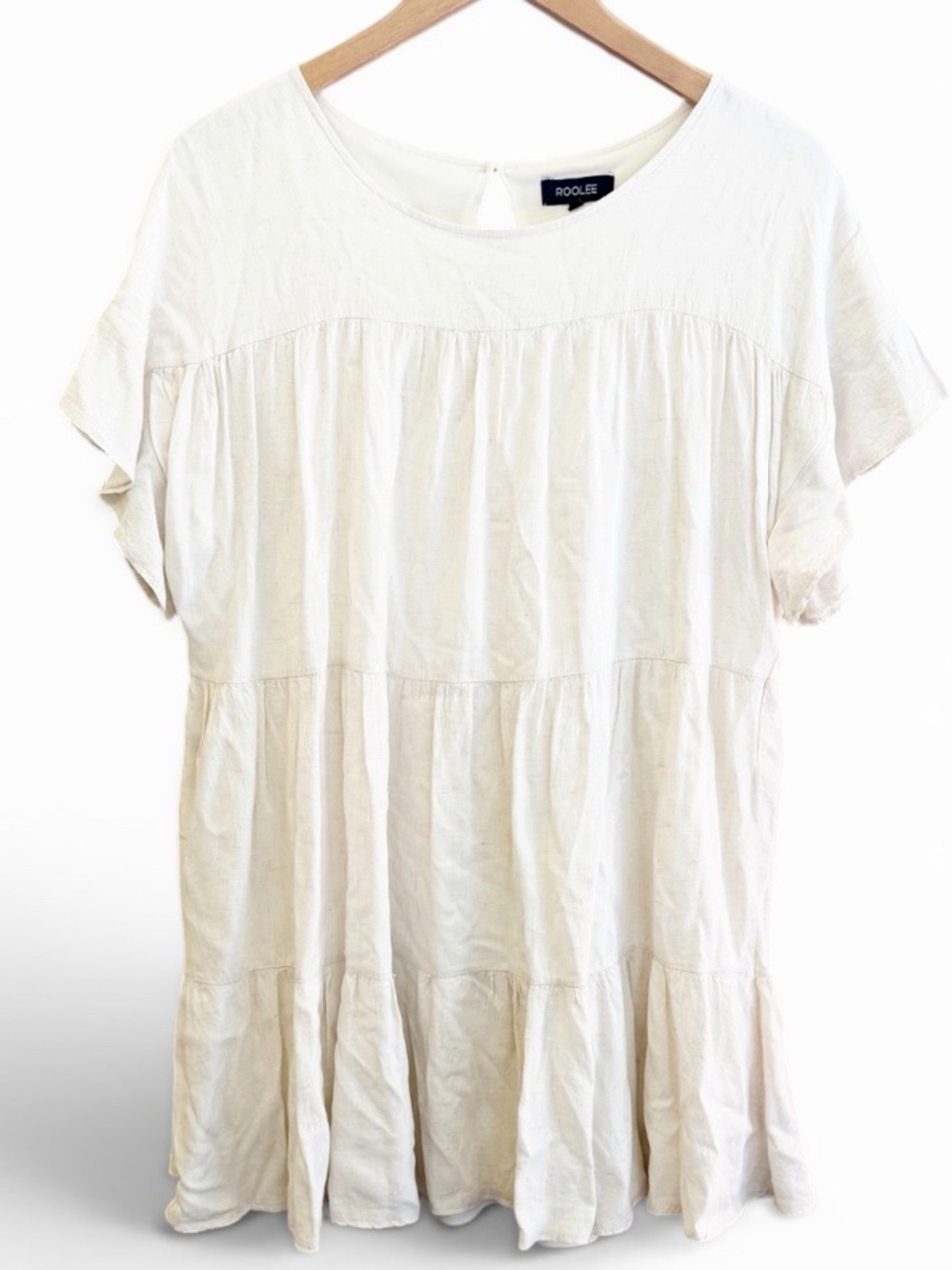 Roolee Linen Blend Cream Short Sleeve Tiered Dress Great Condition size Large